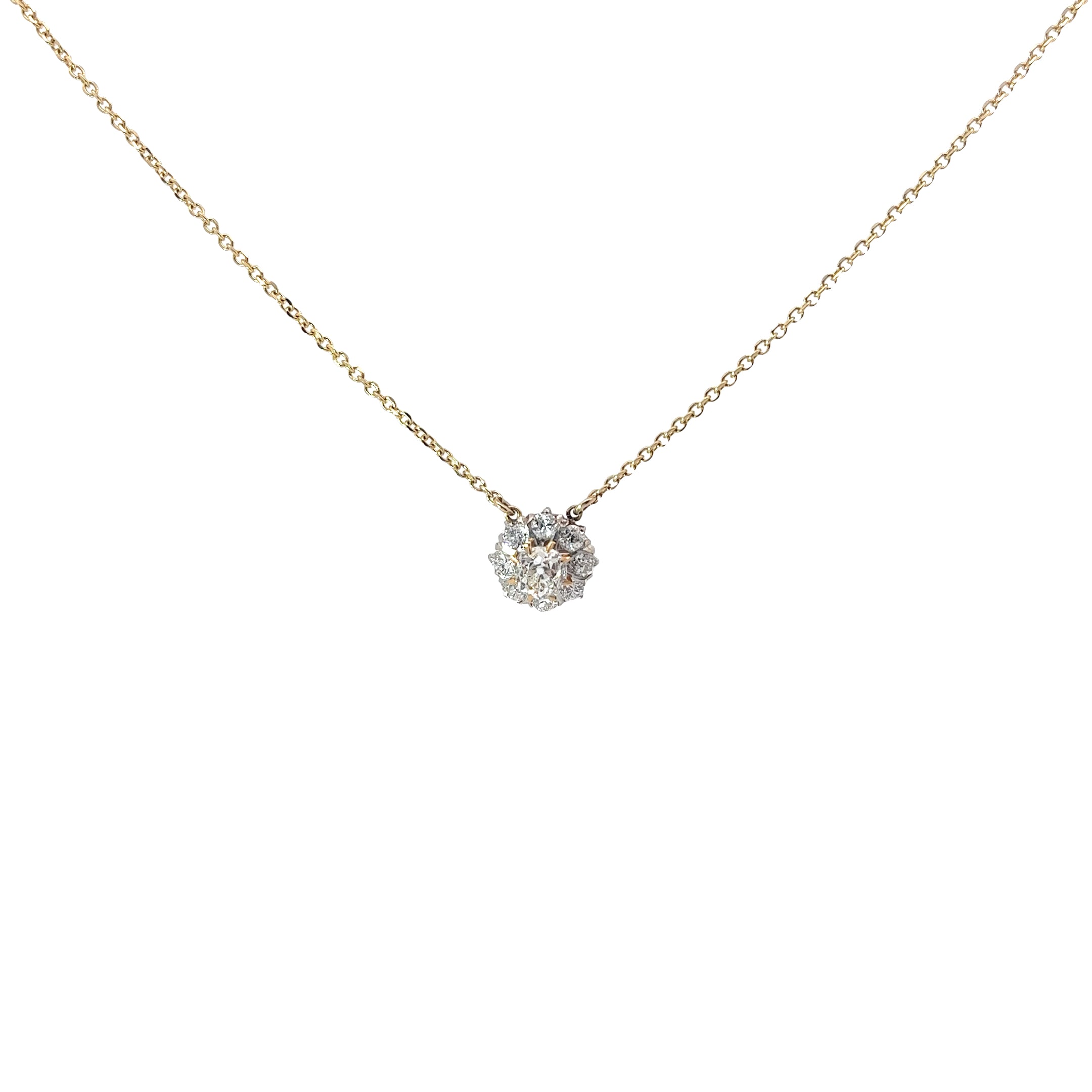 18k Yellow Gold 1.50ct F VS2 Round Vintage Old Mine Cut Solitaire Necklace