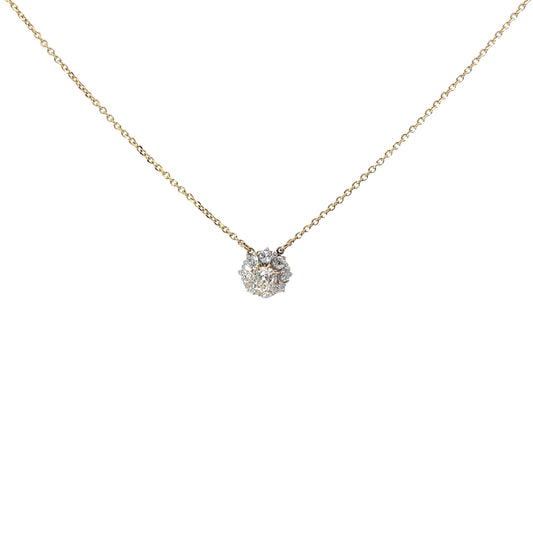 18k Yellow Gold 1.50ct F VS2 Round Vintage Old Mine Cut Solitaire Necklace