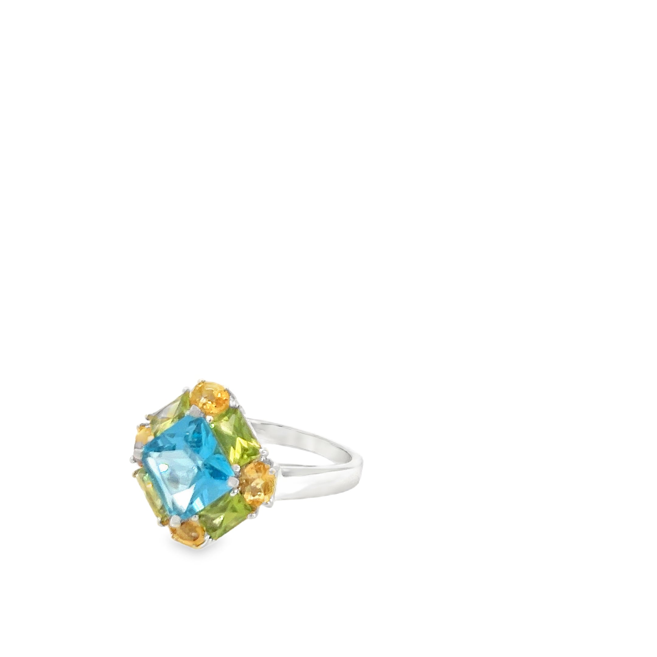 14k White Gold 2.00ct Blue Topaz/ 1.00ct Peridot Baguette/ .50ct Citrine Oval Ring