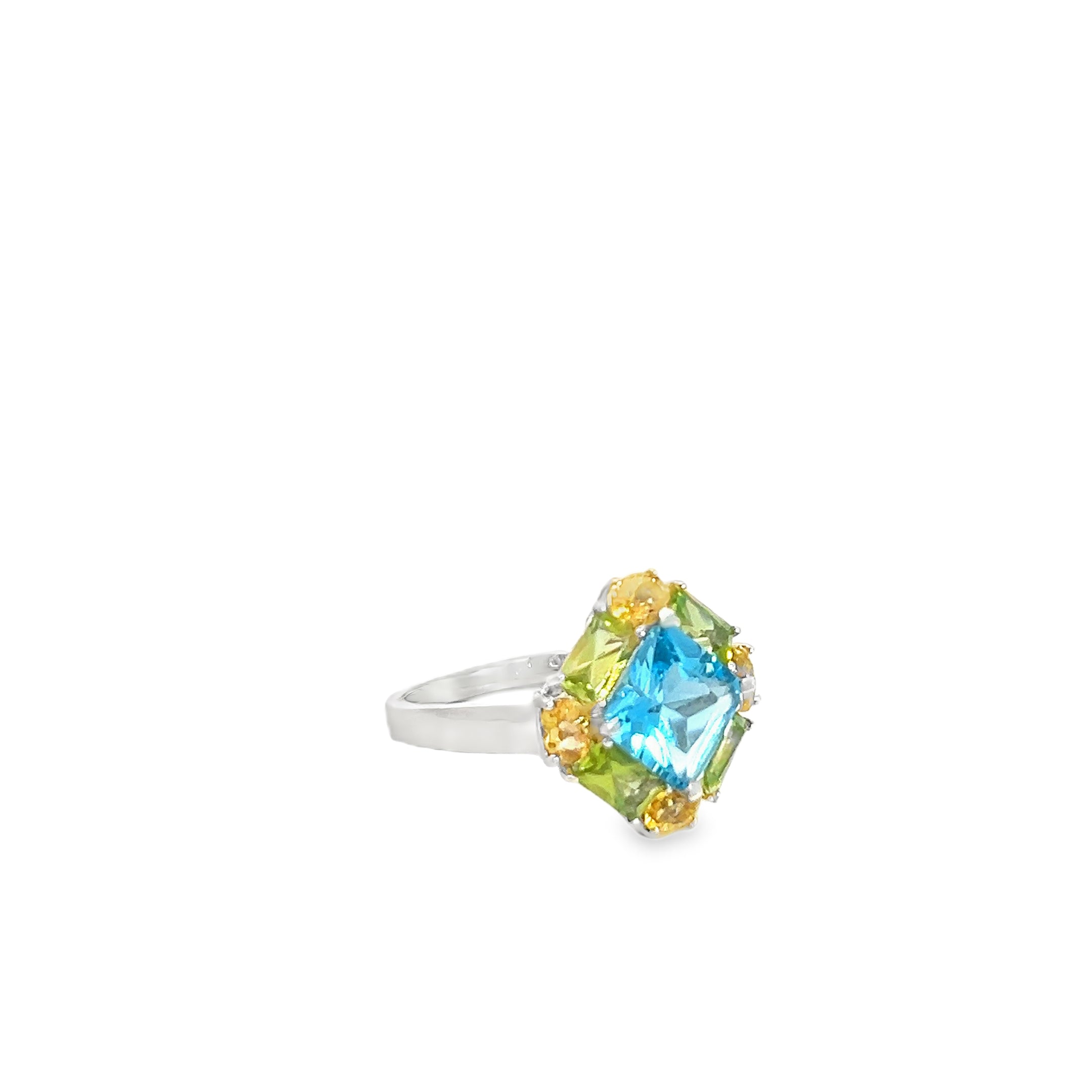 14k White Gold 2.00ct Blue Topaz/ 1.00ct Peridot Baguette/ .50ct Citrine Oval Ring
