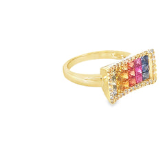 14k Yellow Gold 2.00ct Princess Cut Multicolored Invisible Set Sapphire /.35ct G VS2 Round Diamond Ring