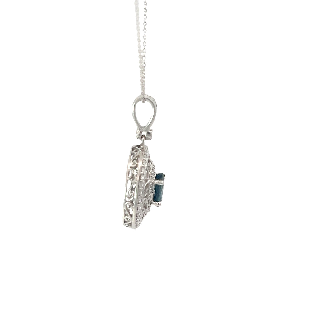 14k White Gold 1.00ct Oval  Blue Sapphire and .50ct  F VS2 Round Diamond Necklace