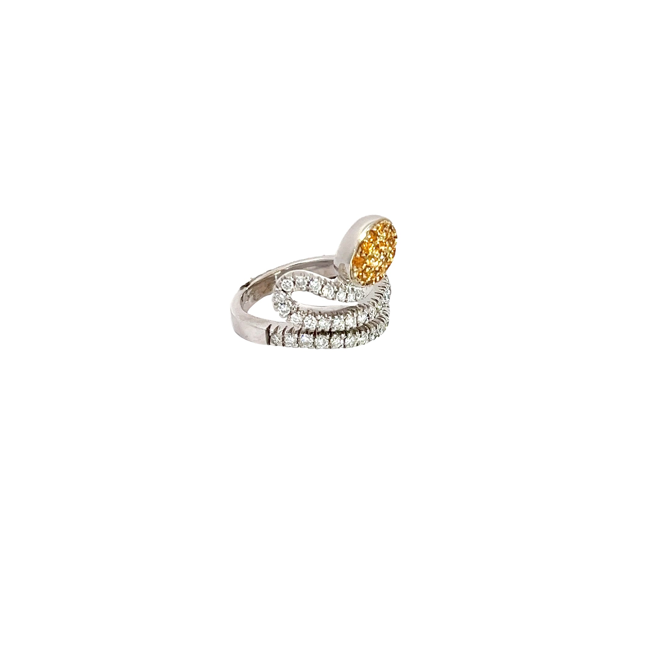 18k White Gold 1.00ct F VS2 Round Diamond and .30ct  Orange Sapphires Snake ring