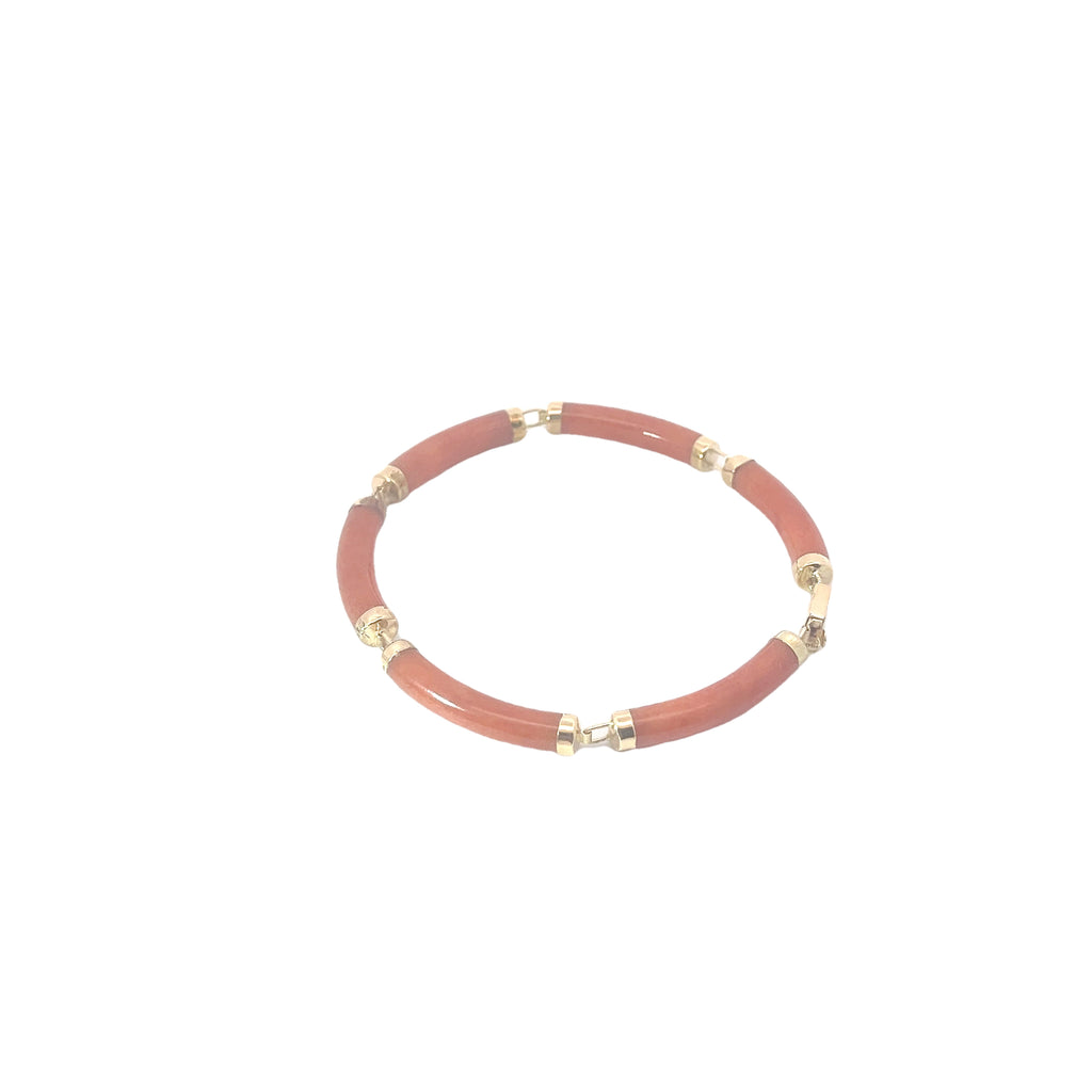 14k Yellow Gold Red Jade Chinese Good Fortune Bracelet