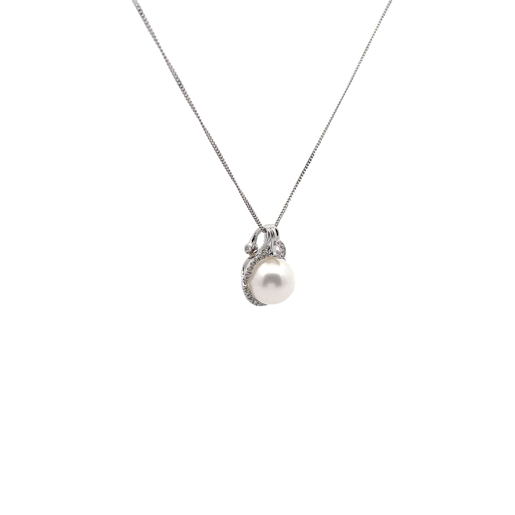14k White Gold .20ct F VS2 Round Diamond and Fresh Water Pearl 11mm Necklace