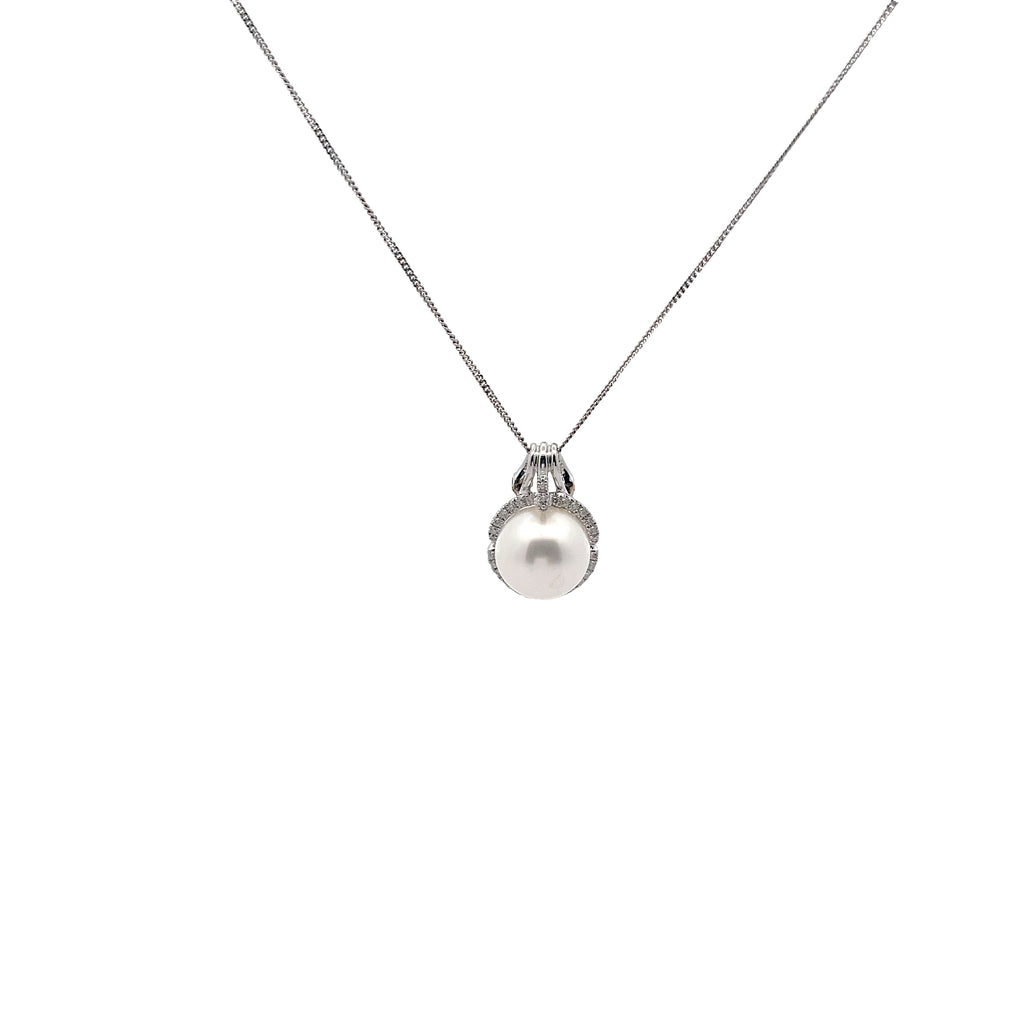 14k White Gold .20ct F VS2 Round Diamond and Fresh Water Pearl 11mm Necklace