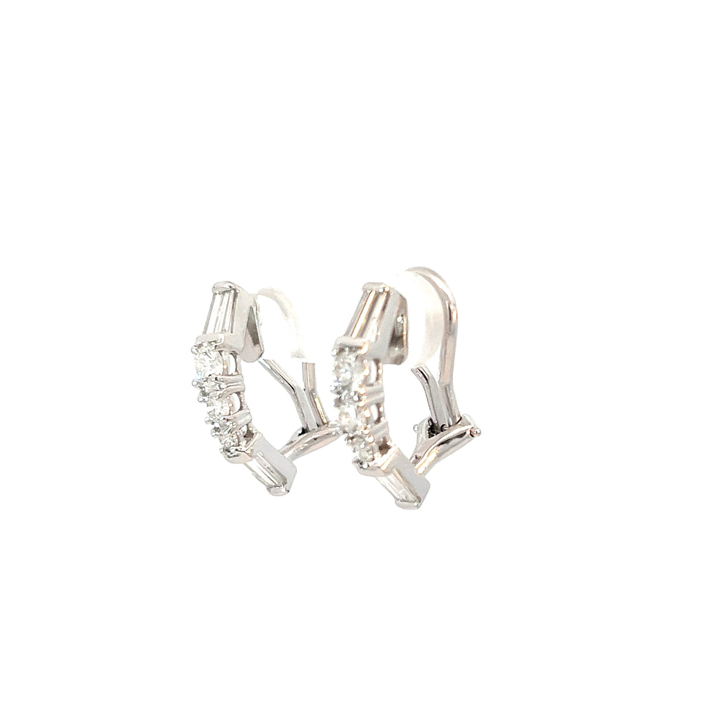 14k White Gold 1.00ct Total Diamond Weight Graduated Round and Baguette Diamond with Omega Back Clip on Earrings