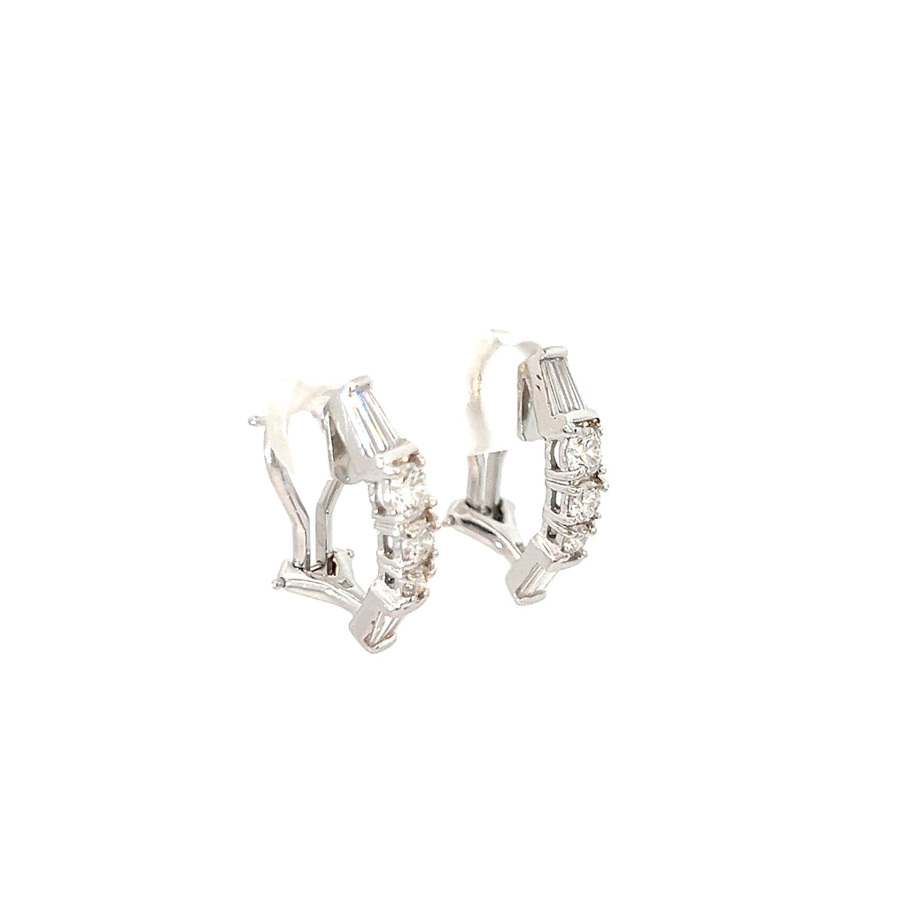 14k White Gold 1.00ct Total Diamond Weight Graduated Round and Baguette Diamond with Omega Back Clip on Earrings