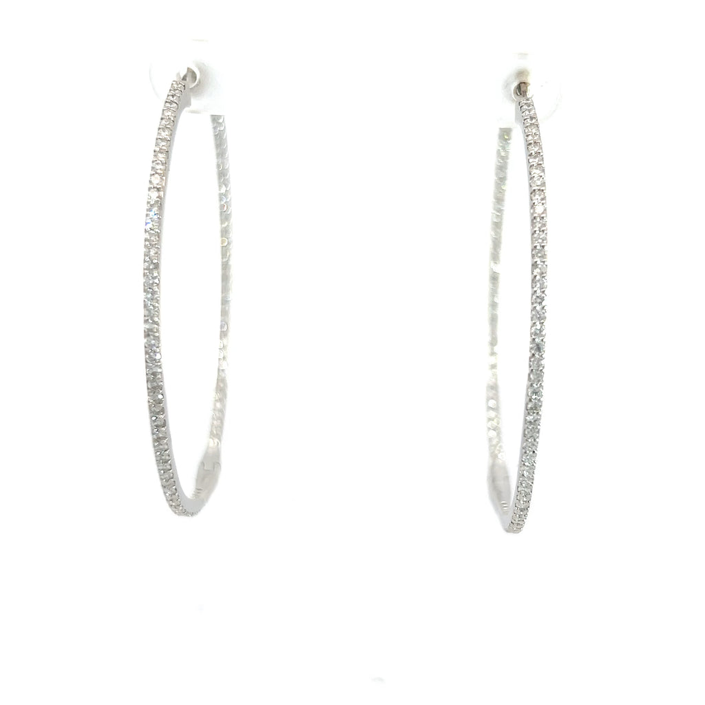 18k White Gold 2ct F VS2 Round Diamond Inside/Out Hoop Earrings 1.6mm 2"