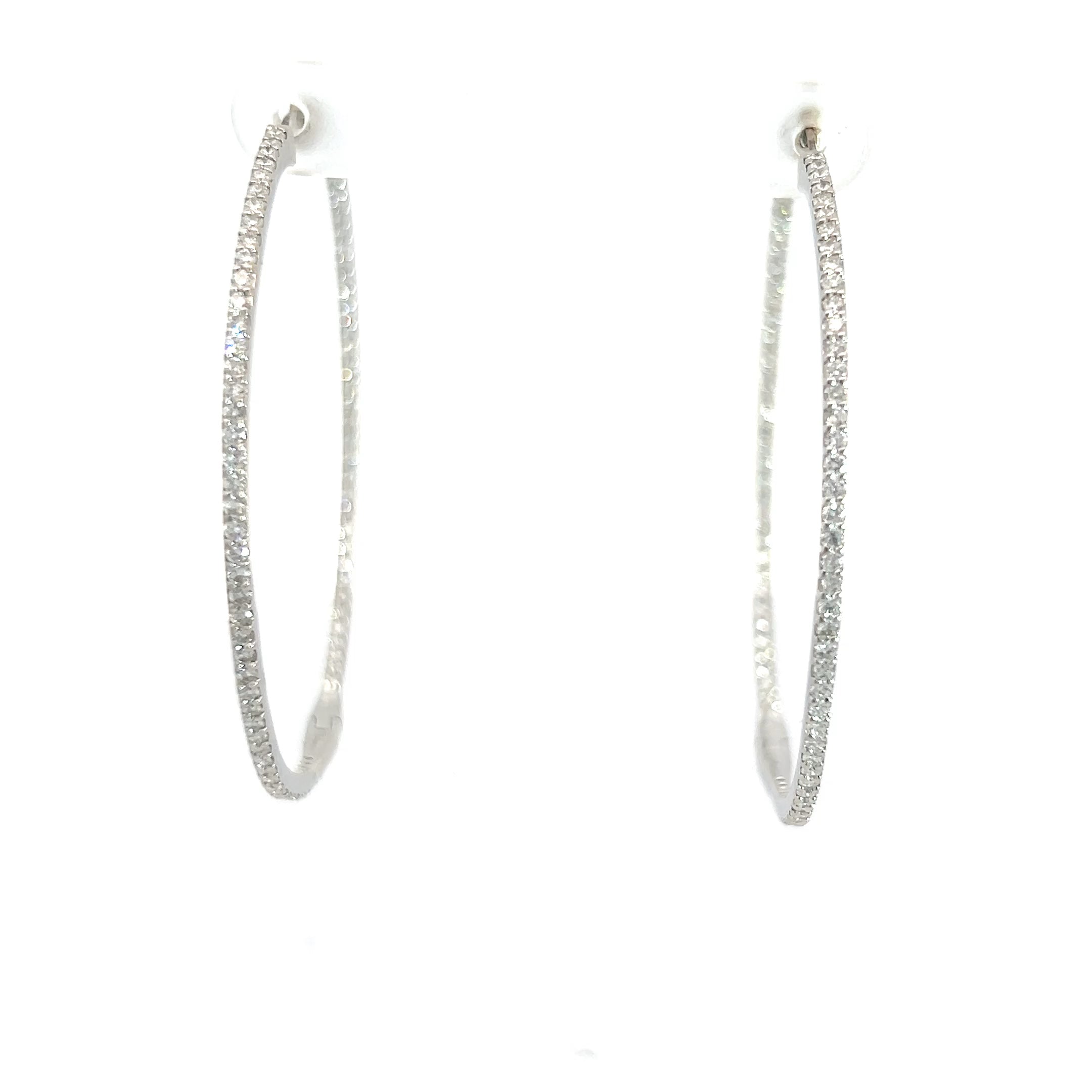 18k White Gold 2ct F VS2 Round Diamond Inside/Out Hoop Earrings 1.6mm 2"