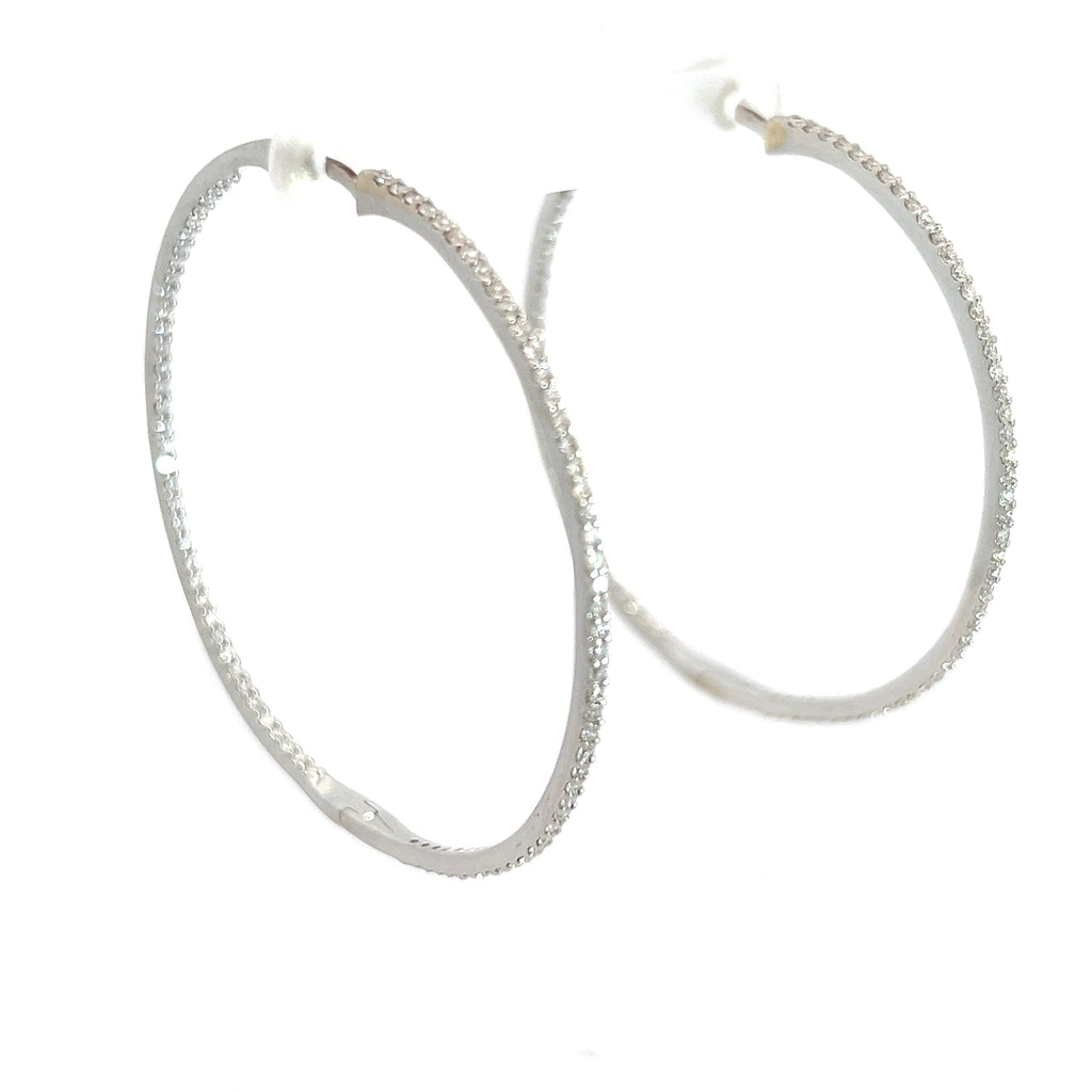 18k White Gold 2ct F VS2 Round Diamond Inside/Out Hoop Earrings 1.6mm 2"