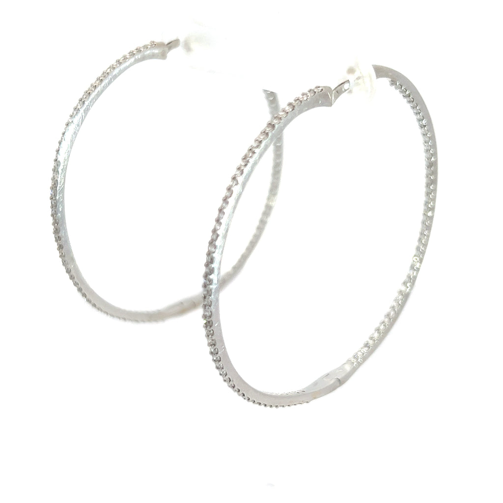 18k White Gold 2ct F VS2 Round Diamond Inside/Out Hoop Earrings 1.6mm 2"