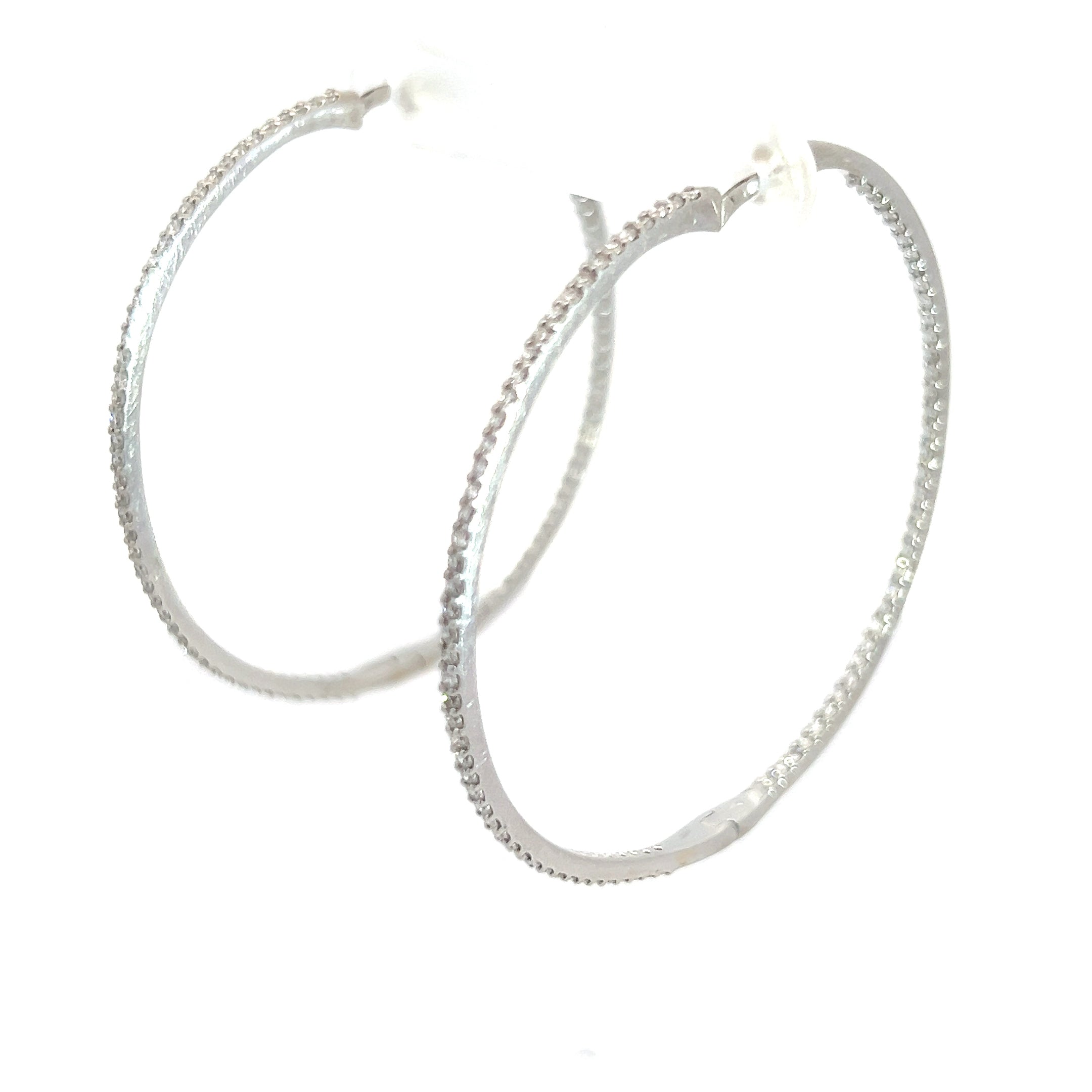 18k White Gold 2ct F VS2 Round Diamond Inside/Out Hoop Earrings 1.6mm 2"