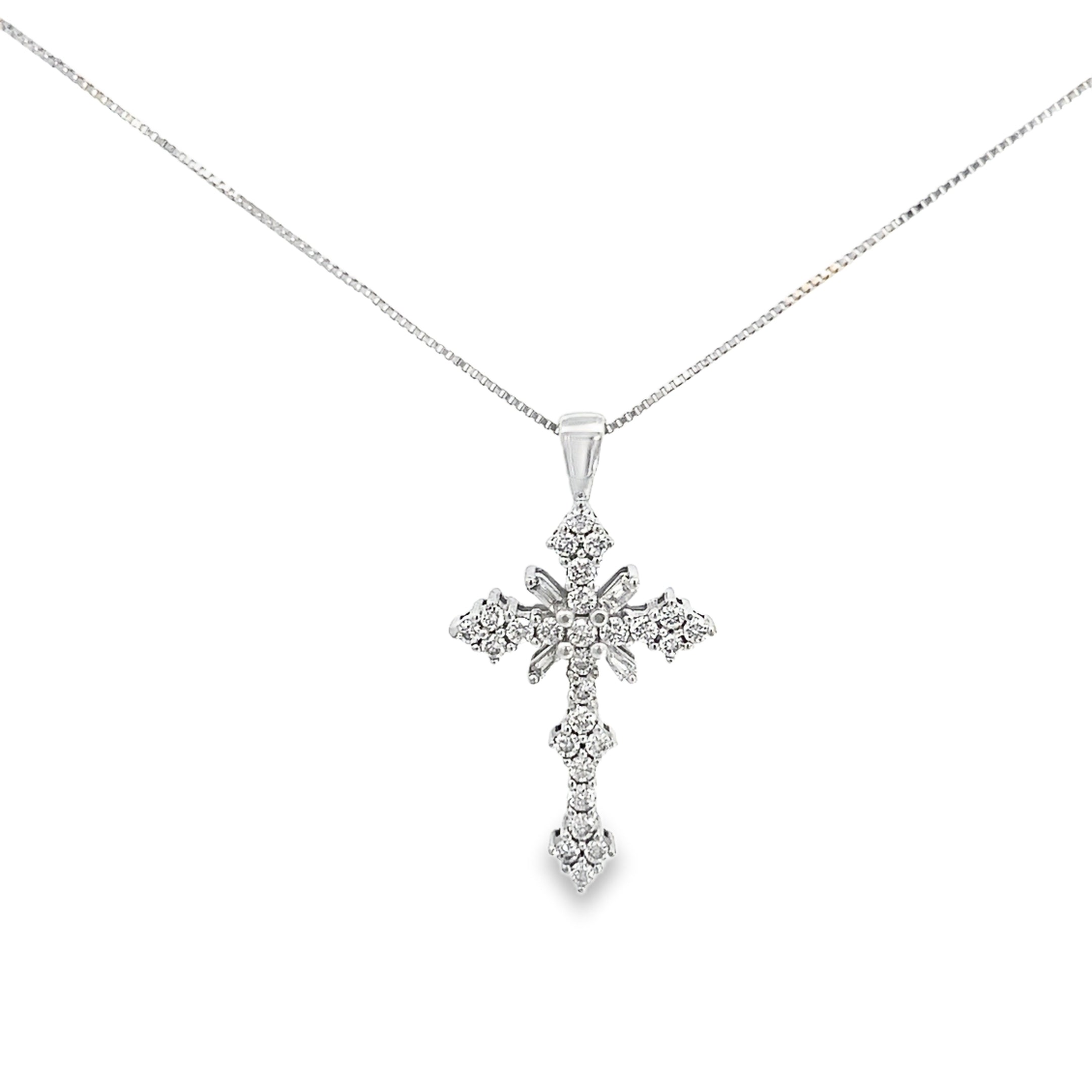 14k White Gold .58ct G VS2 Round and Baguette Diamond Cross 1"x1/2"