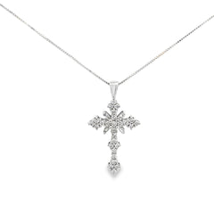 14k White Gold .58ct G VS2 Round and Baguette Diamond Cross 1"x1/2"