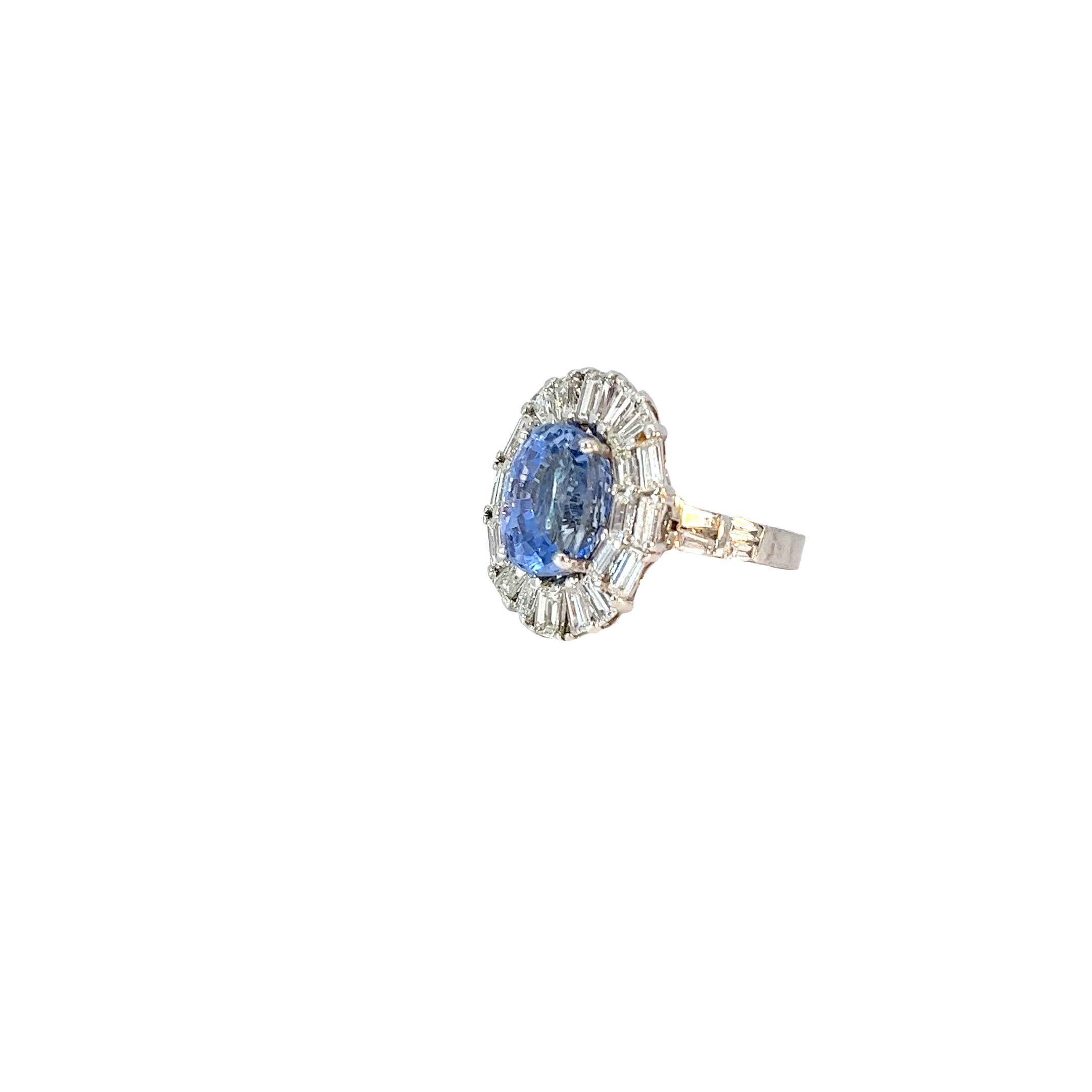 18k White Gold 7.01 Blue Sapphire Cushion and surround by 2.36ct  G VS2 Baguette  Diamond Ring Certified by GIA #2225948075
