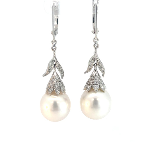 14k White Gold .55ct G VS2 Round Diamond and South Sea Natural Pearl 13.5mm Vintage 1 1/2" Long Earrings