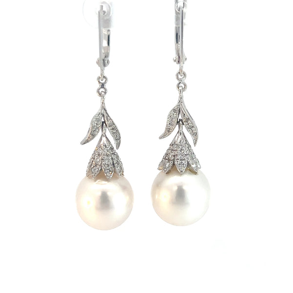 14k White Gold .55ct G VS2 Round Diamond and South Sea Natural Pearl 13.5mm Vintage 1 1/2" Long Earrings