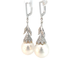14k White Gold .55ct G  VS2 Round Diamond and South Sea Natural Pearl  13.5mm Vintage 1 1/2 inch Long Earrings