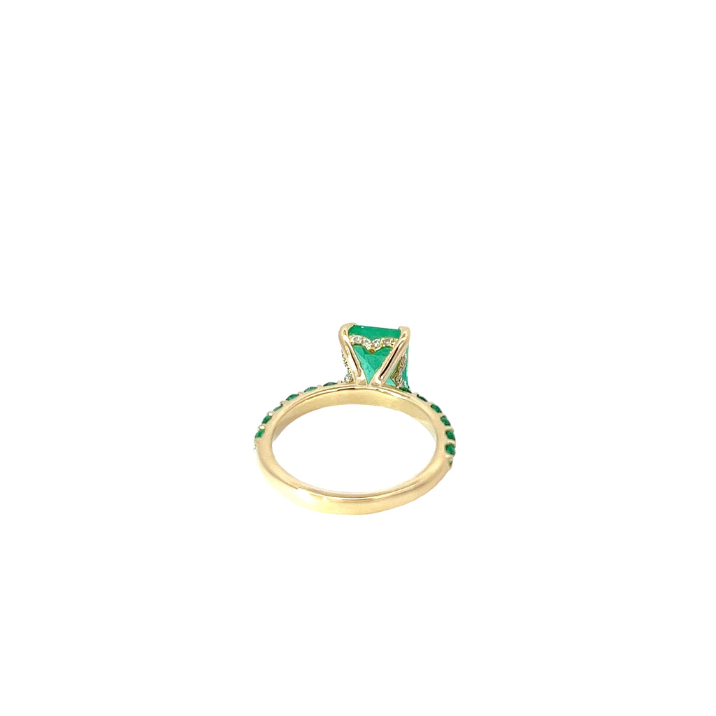 14k Yellow Gold 2.61ct Emerald Cut Columbian "Green Goddess"/.75ct Round Emerald on the the Shank and .10ct F VS2 Round Diamond the Halo Ring Certified By  GIA #2235203800