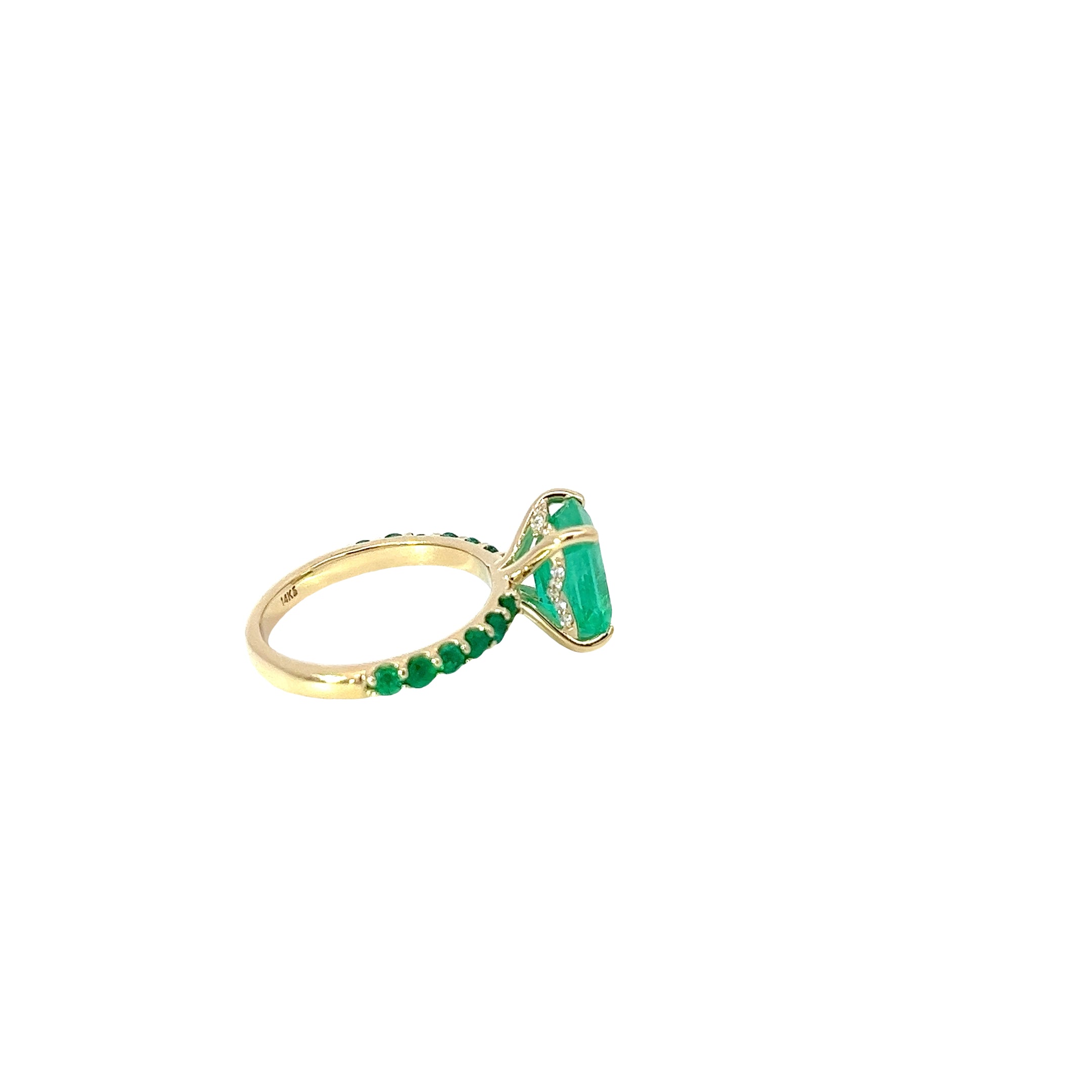 14k Yellow Gold 2.61ct Emerald Cut Columbian "Green Goddess"/.75ct Round Emerald on the the Shank and .10ct F VS2 Round Diamond the Halo Ring Certified By  GIA #2235203800