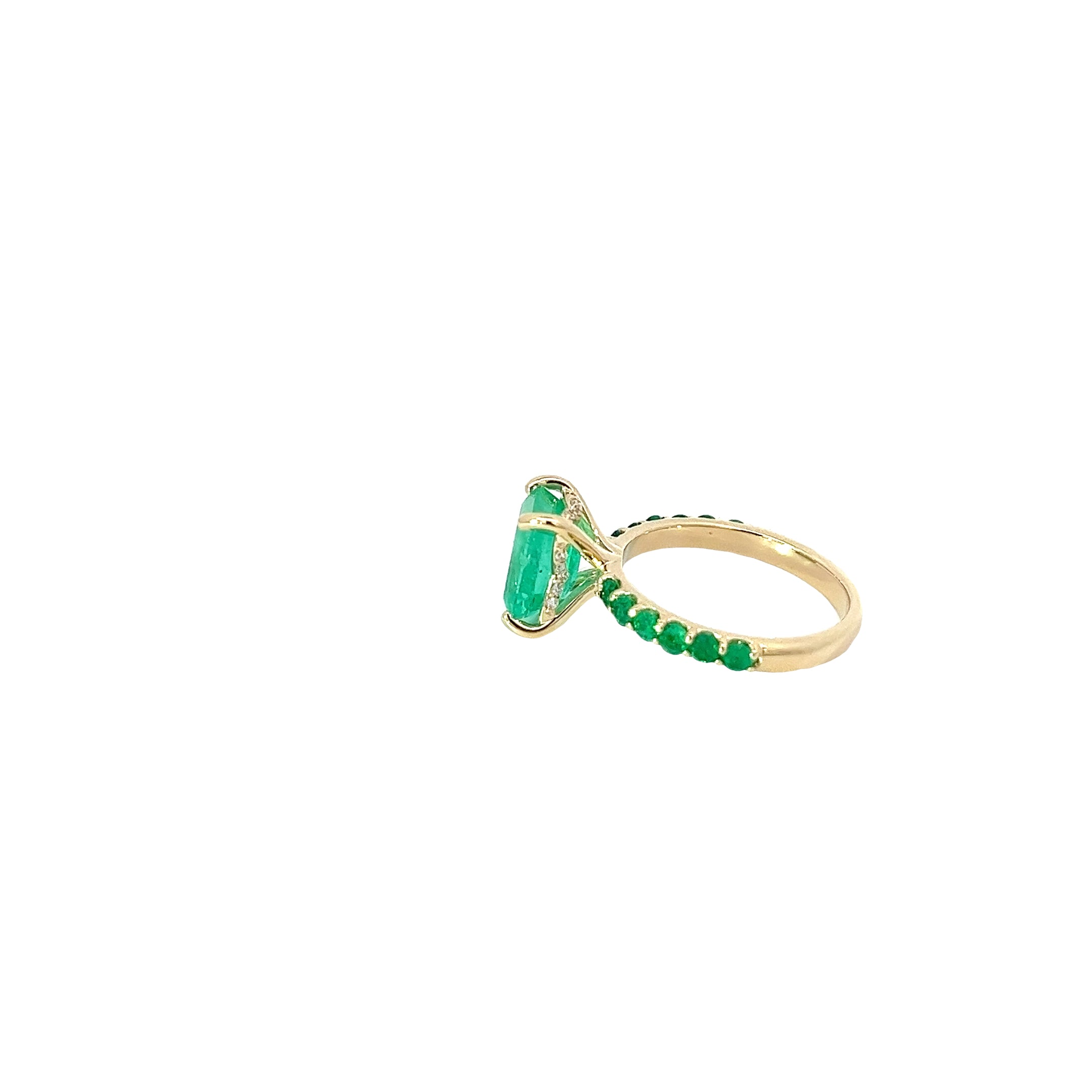 14k Yellow Gold 2.61ct Emerald Cut Columbian "Green Goddess"/.75ct Round Emerald on the the Shank and .10ct F VS2 Round Diamond the Halo Ring Certified By  GIA #2235203800