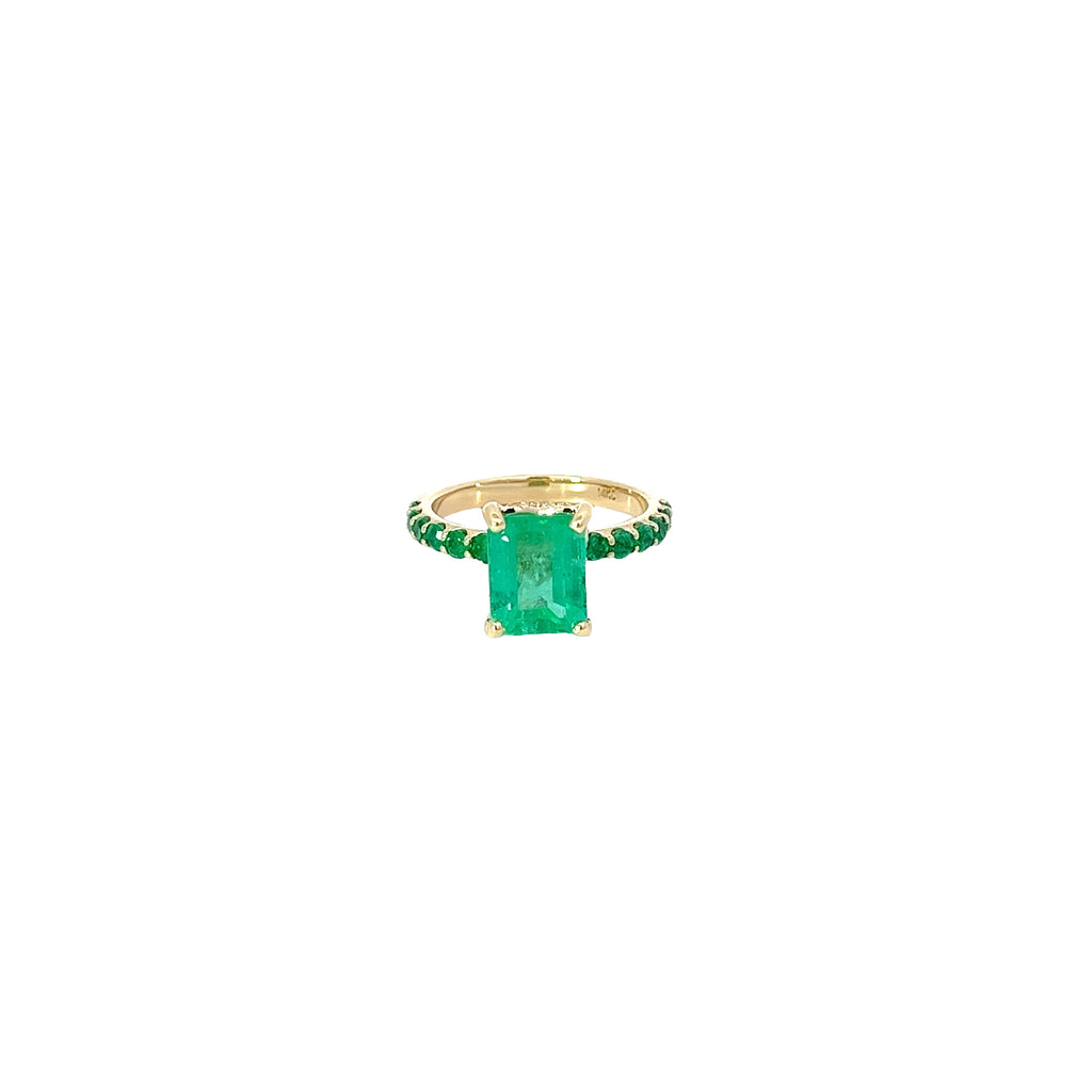 14k Yellow Gold 2.61ct Emerald Cut Columbian "Green Goddess"/.75ct Round Emerald on the the Shank and .10ct F VS2 Round Diamond the Halo Ring Certified By  GIA #2235203800