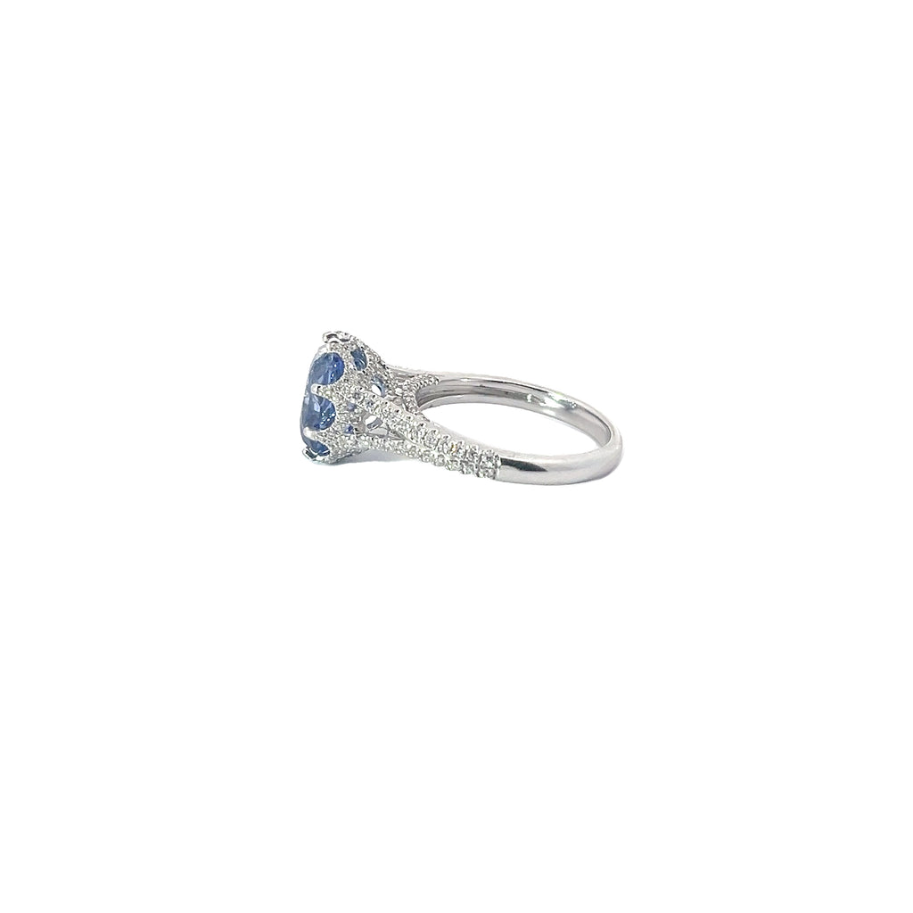 18k White Gold 4.14ct Cushion Blue Sapphire No Heat and .65ct Round Diamond Ring Certified By GIA #2235097997