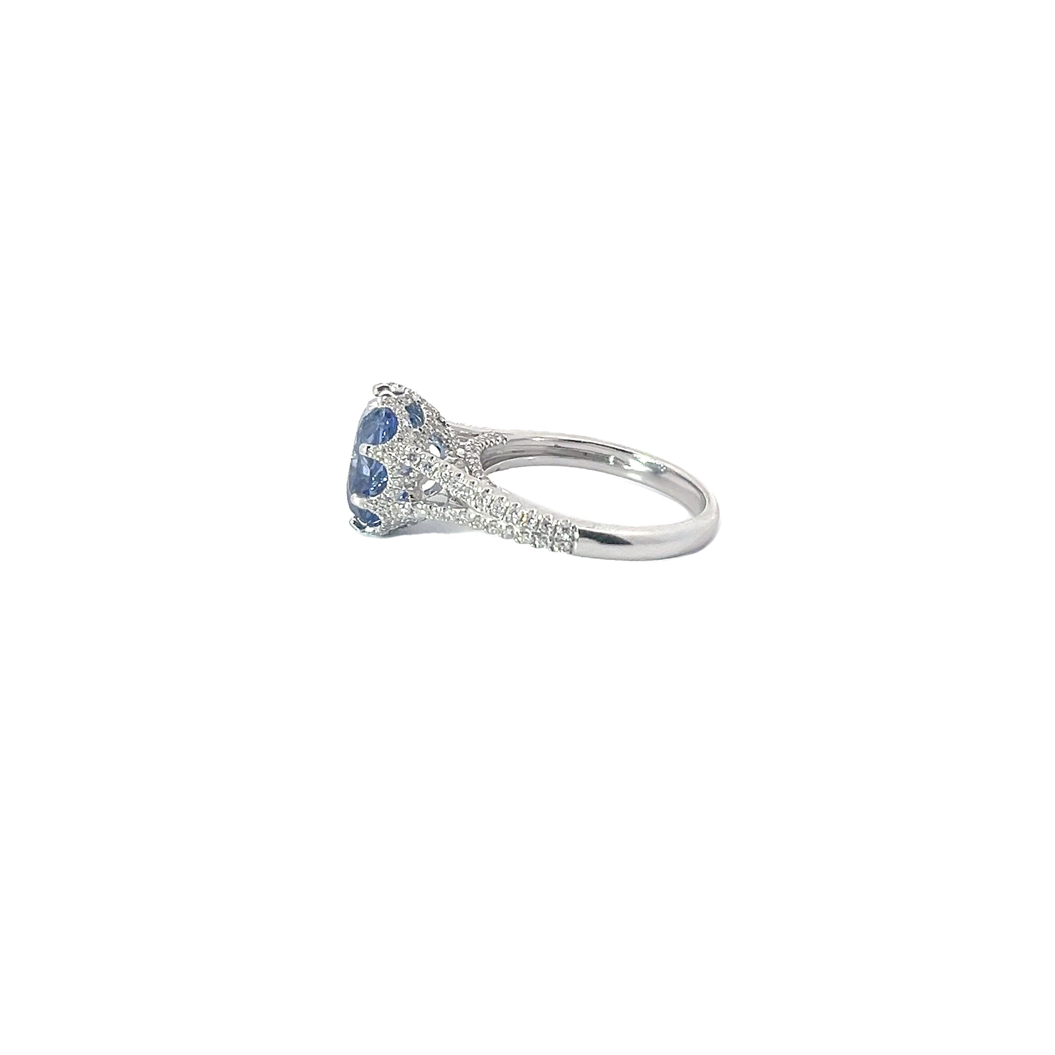 18k White Gold 4.14ct Cushion Blue Sapphire No Heat and .65ct Round Diamond Ring Certified By GIA #2235097997