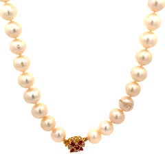 18k Yellow Gold Fresh Water White Pearl 11mm, Ruby and Diamond Necklace Vintage