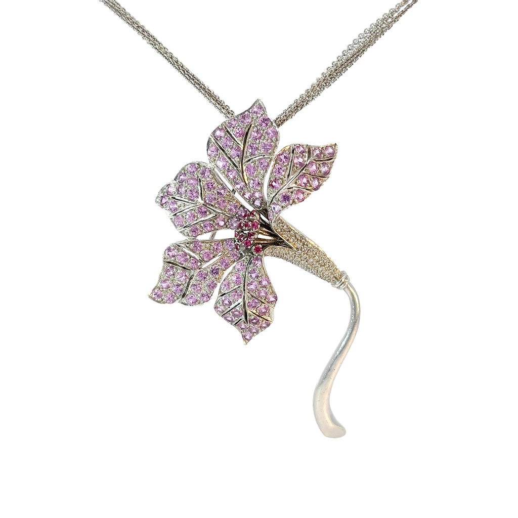 18k White Gold 3.70ct Round Pink Sapphire and .60ct G SI1 Round Diamond Necklace