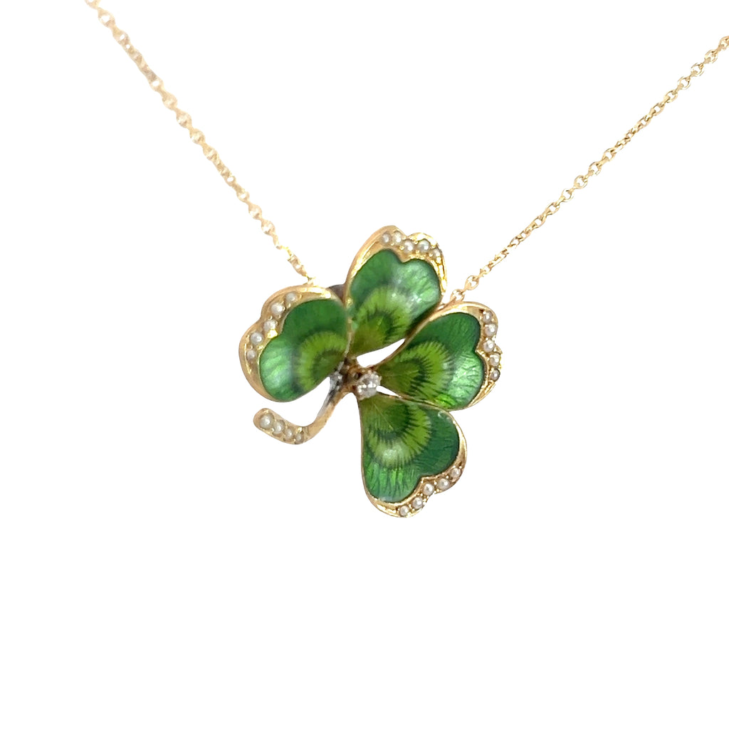 14k Yellow Gold Vintage Enamel / Seed Pearl and (1) Round Diamond 4 Leaf Clover Pendant