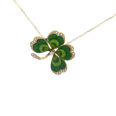 14k Yellow Gold Vintage Enamel / Seed Pearl and (1) Round Diamond 4 Leaf Clover Pendant