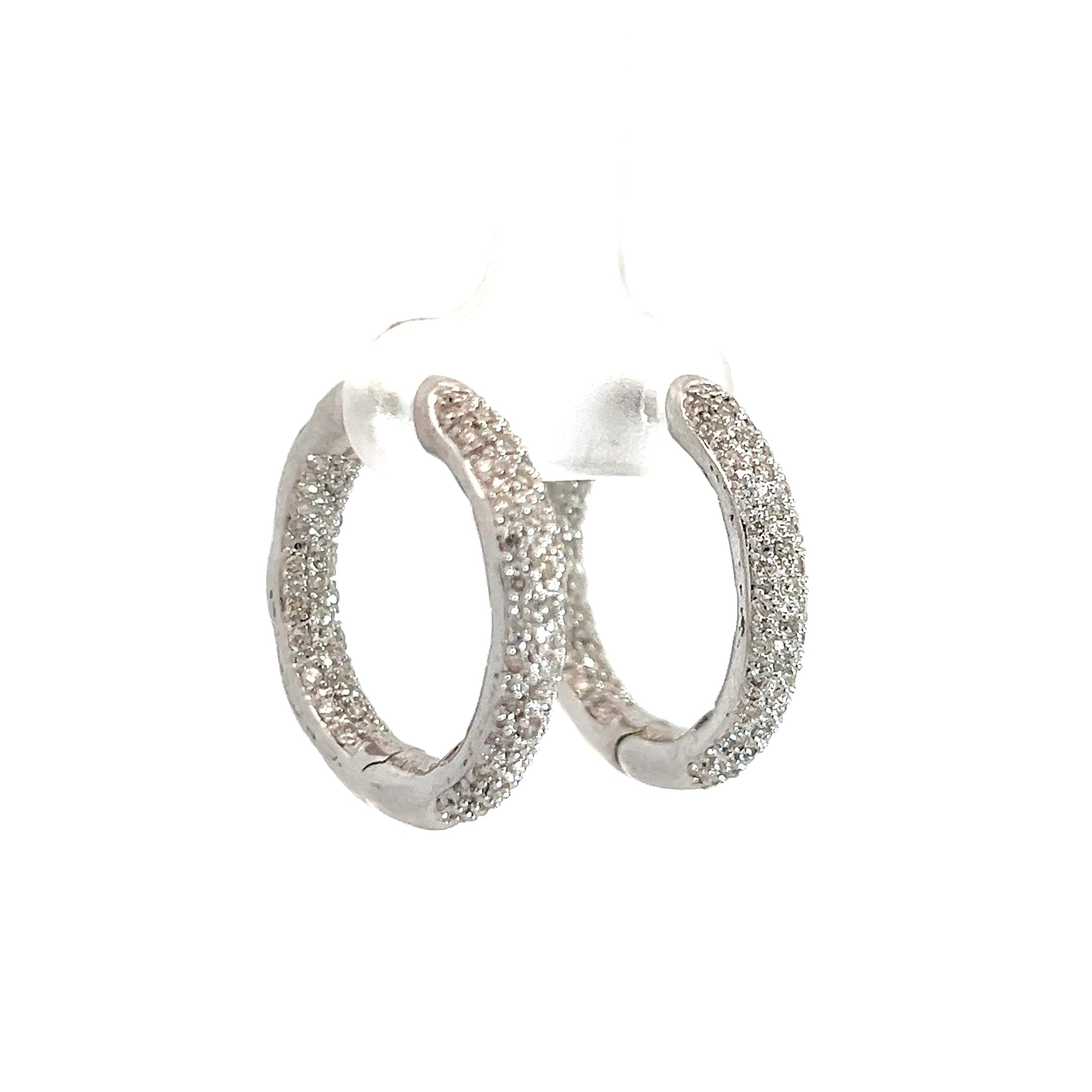 14k White Gold 1.50ct H SI1 Round Diamond Pave Hoop Earrings 3/4"