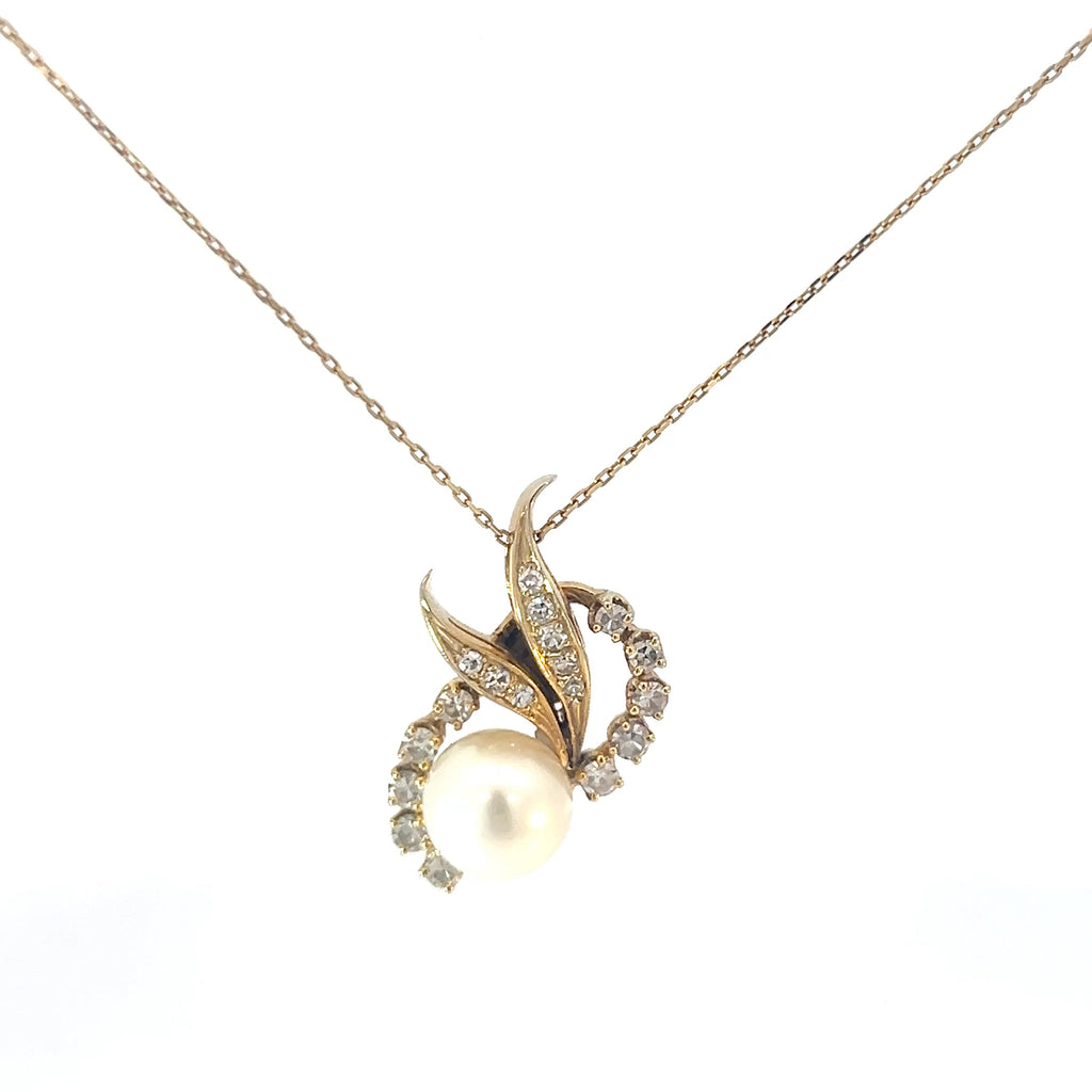 14k Yellow Gold .50ct F VS2 Round Diamond Natural Salt Water Pearl Vintage Pendant
