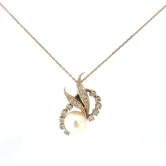 14k Yellow Gold .50ct F VS2 Round Diamond Natural Salt Water Pearl Vintage Pendant