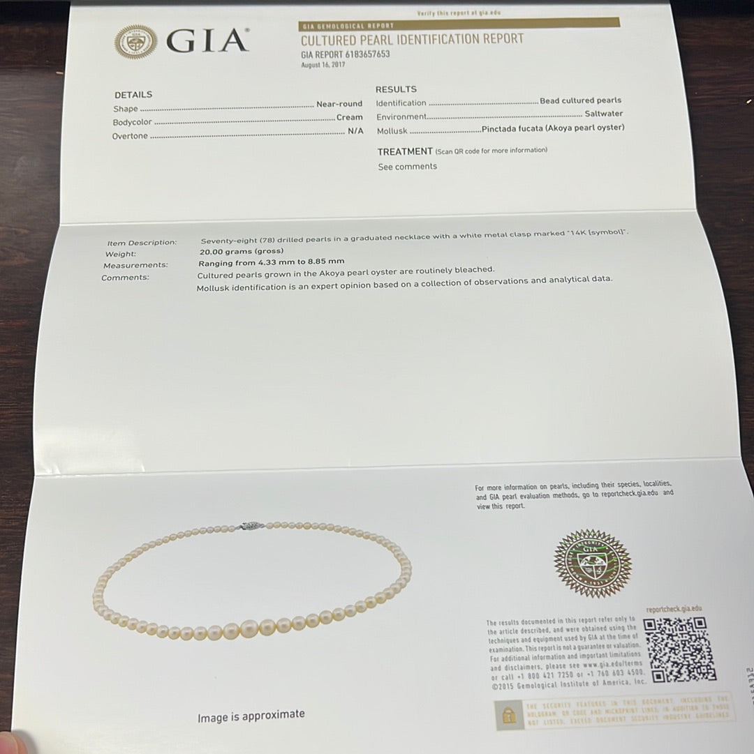 14k White Gold Akoya Salt Water Pearl 9mm Necklace Certified By GIA # 6183657653