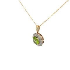 14k Yellow Gold 2.00ct Round Peridot /.25ct G SI1 Round Diamond on the Halo Pendant