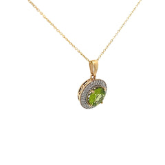 14k Yellow Gold 2.00ct Round Peridot /.25ct G SI1 Round Diamond on the Halo Pendant