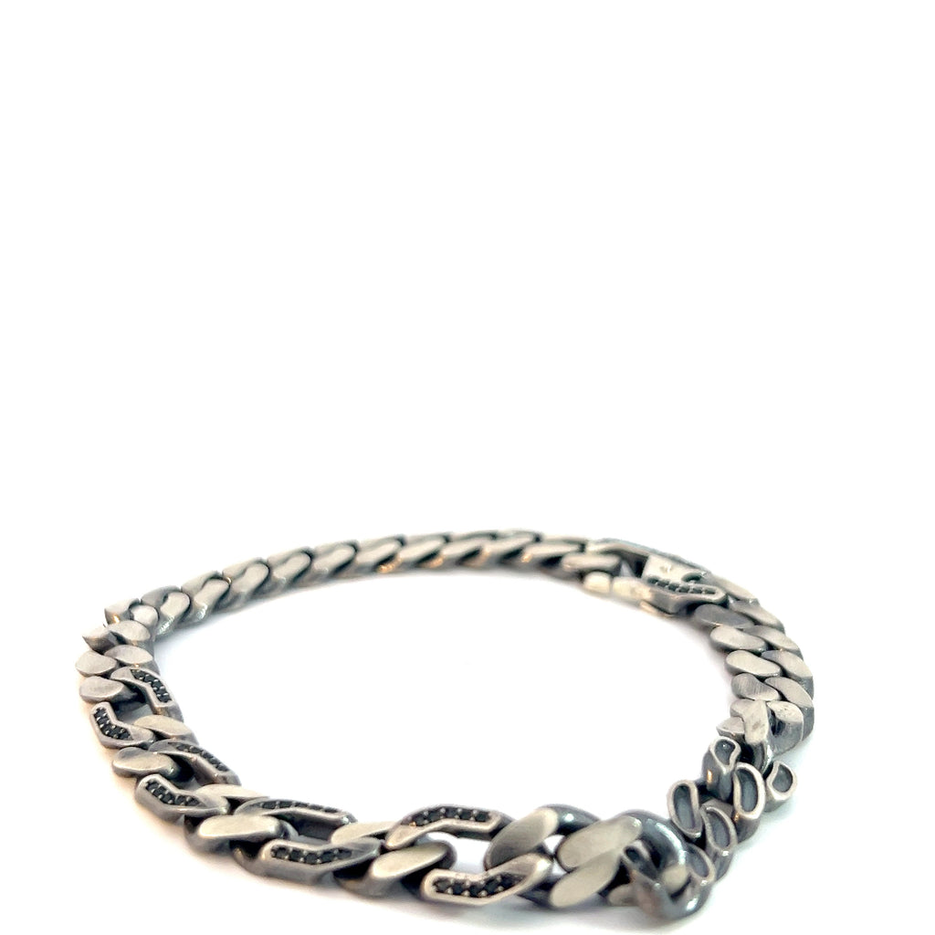 Sterling Silver 21.3 gram Curb Links with Round Black Onyx Men Bracelet