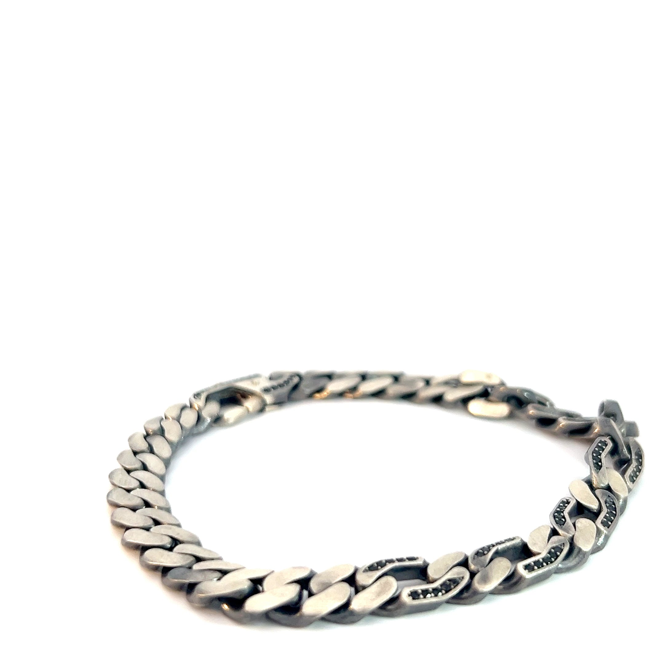 Sterling Silver 21.3 gram Curb Links with Round Black Onyx Men Bracelet