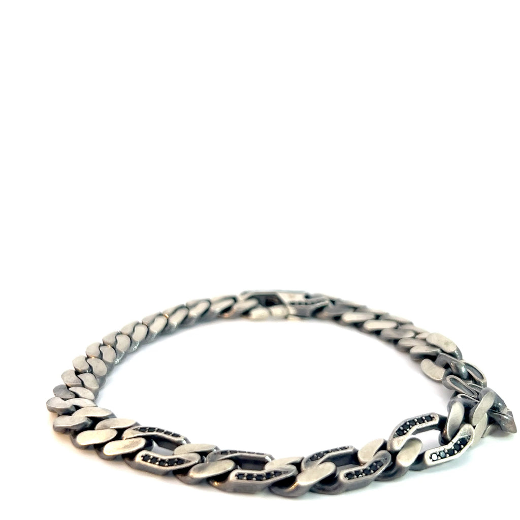 Sterling Silver 21.3 gram Curb Links with Round Black Onyx Men Bracelet