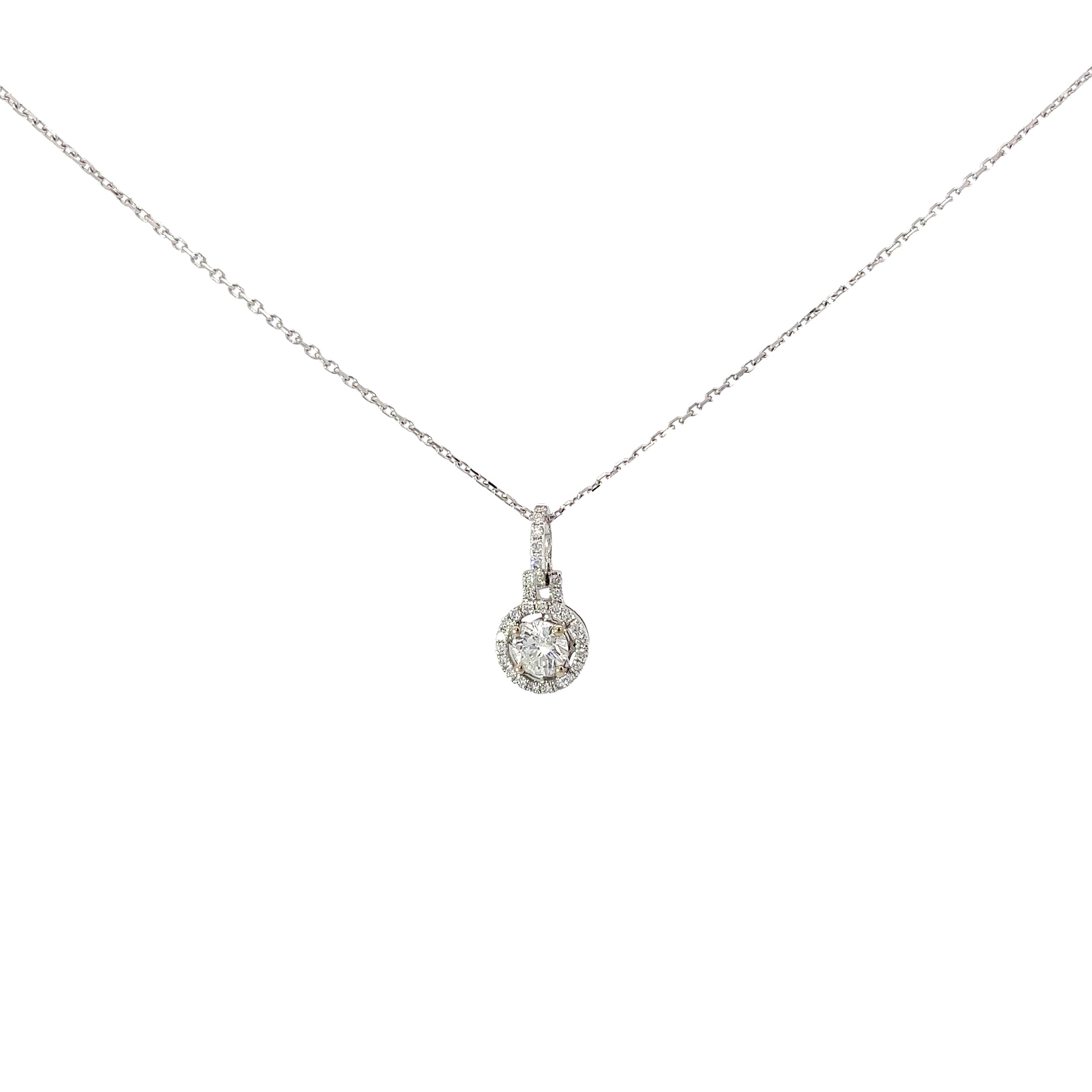 18k White Gold .48ct F SI1 Center Round Diamond with .22ct F SI1 Halo Round Diamond Pendant