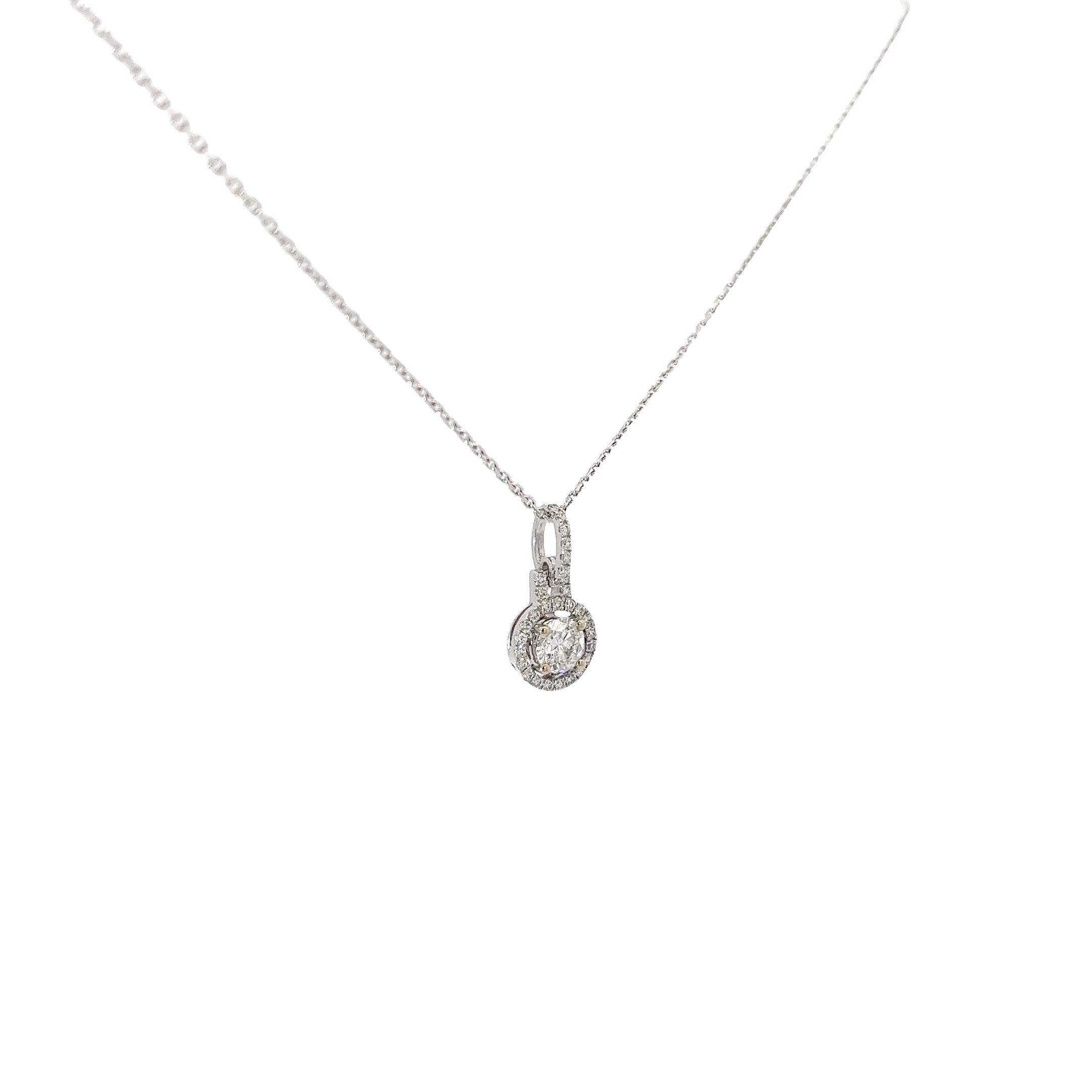 18k White Gold .48ct F SI1 Center Round Diamond with .22ct F SI1 Halo Round Diamond Pendant