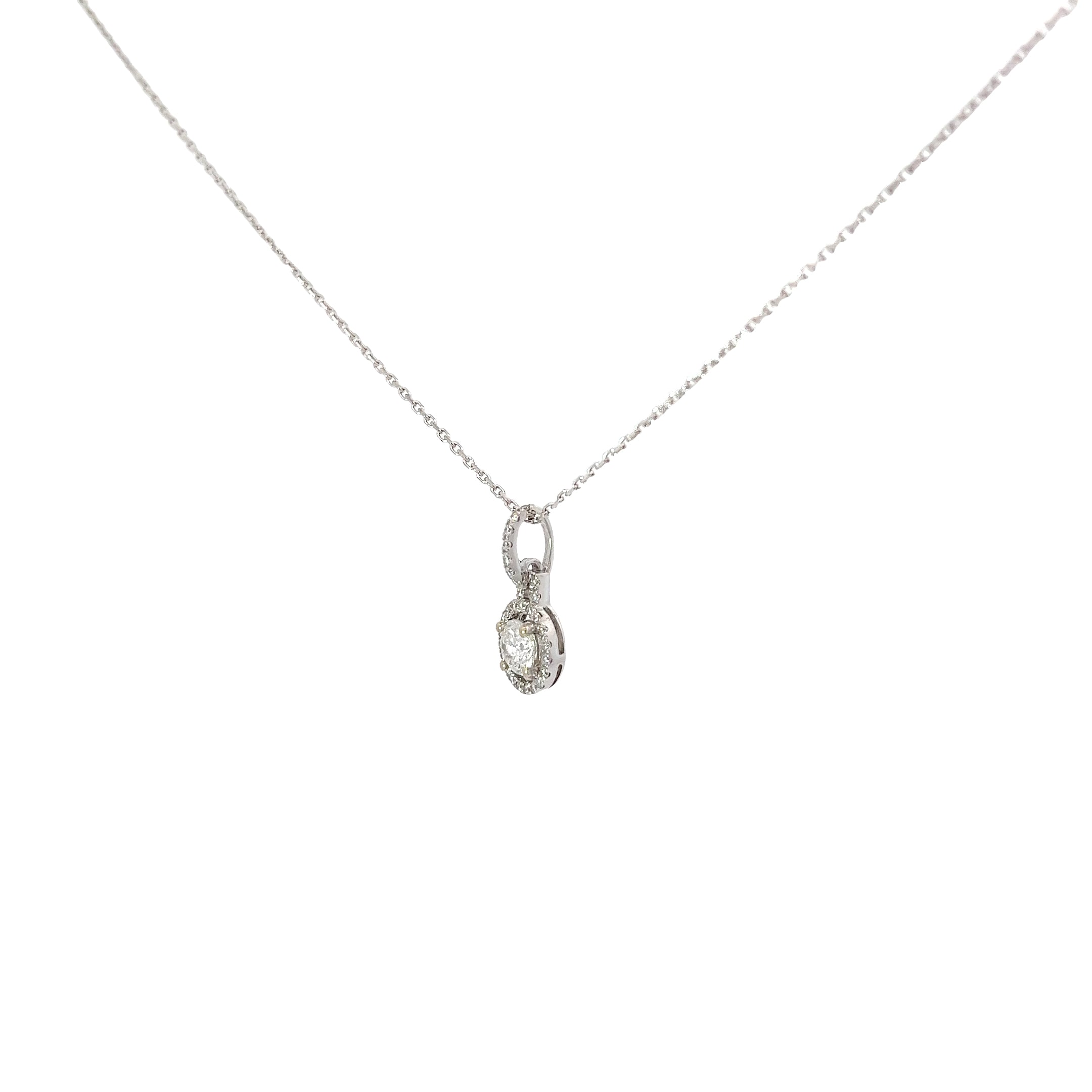 18k White Gold .48ct F SI1 Center Round Diamond with .22ct F SI1 Halo Round Diamond Pendant