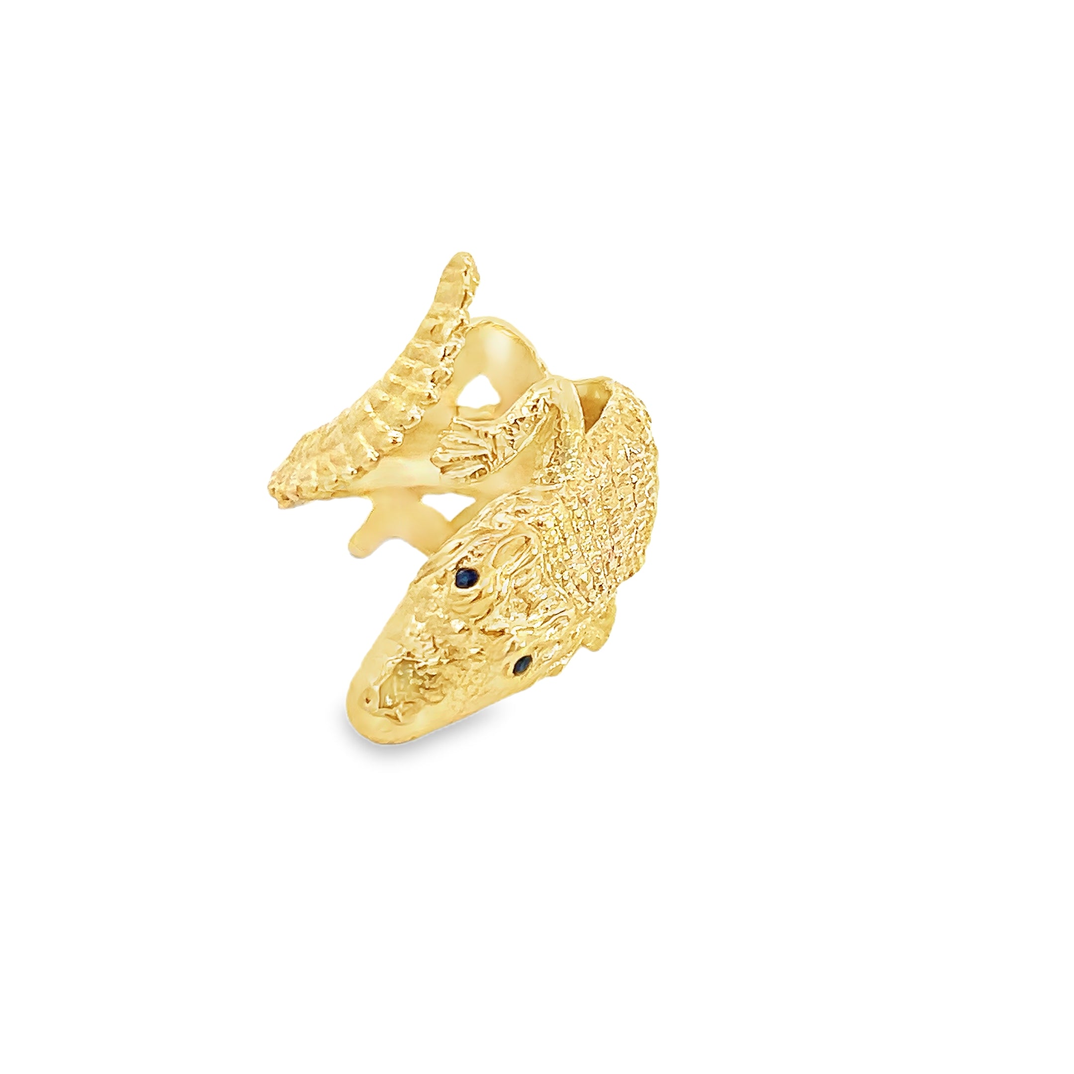 14k Yellow Gold Hand Sculpted Alligator with Round Blue Sapphire on the Eyes Ring  12.5gram
