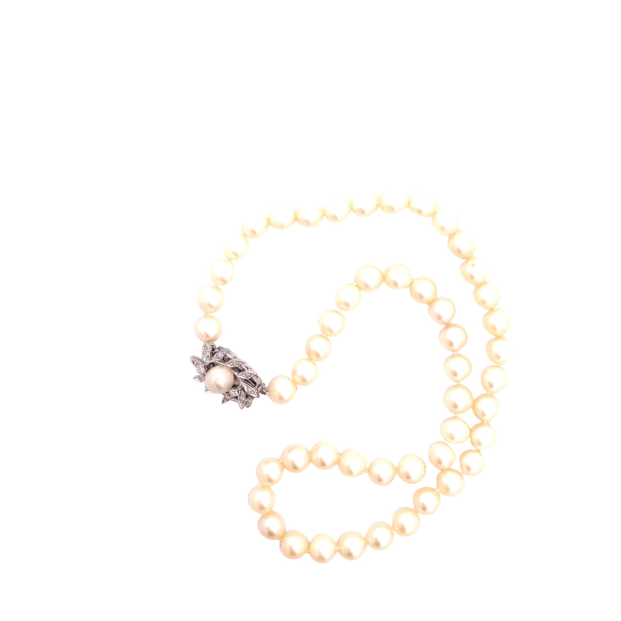 14k White Gold  15"Inch / 7mm 52 Pearl Choker with White Gold Diamond Clasps