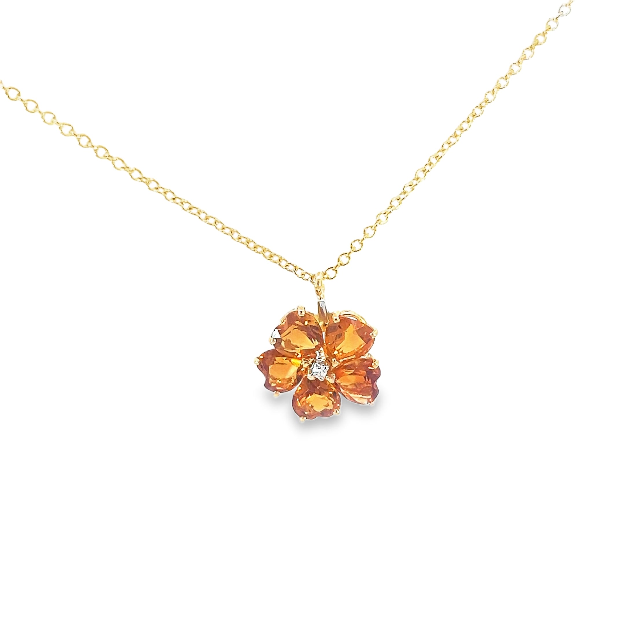 14k Yellow Gold (5) Clover Heart Shape Mandarin Garnet with .03ct Round Diamond Pendant