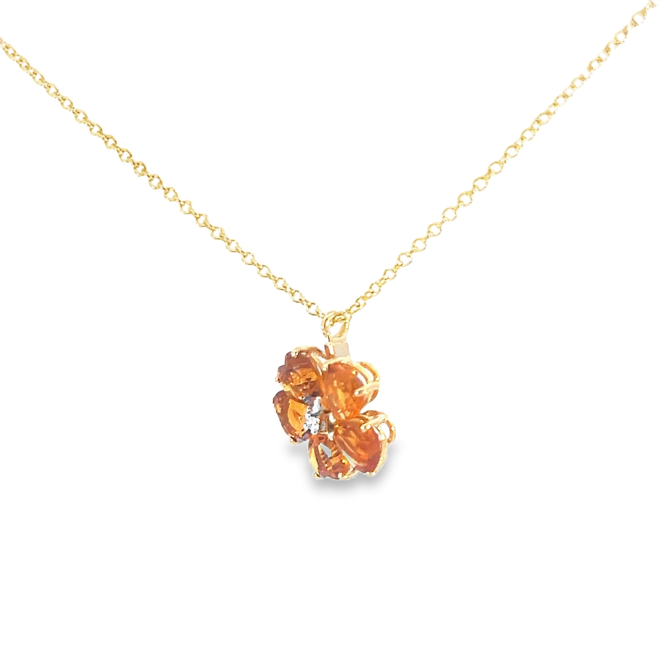 14k Yellow Gold (5) Clover Heart Shape Mandarin Garnet with .03ct Round Diamond Pendant