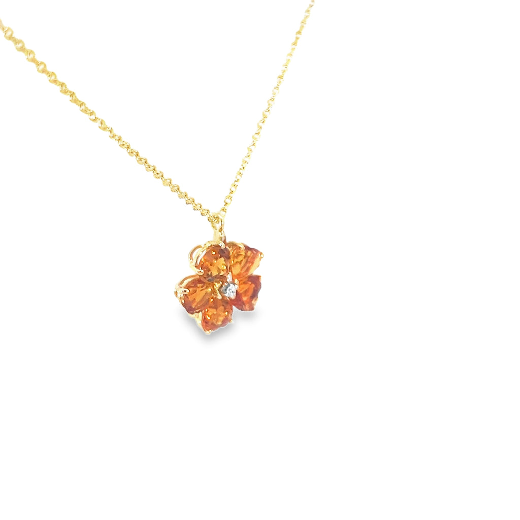 14k Yellow Gold (5) Clover Heart Shape Mandarin Garnet with .03ct Round Diamond Pendant